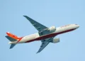 LIDO BEACH, NEW YORK - SEPTEMBER 04: An Air India airlines jet  flies over Nickerson Beach Park on September 04, 2023 in Lido Beach, New York. (Photo by Bruce Bennett/Getty Images)