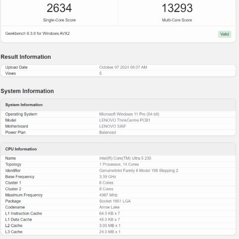 image 17 70 Intel Core Ultra 5 235 CPU Surfaces on Geekbench: Specs and Performance Insights