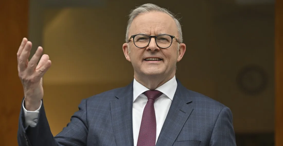 Australian Prime Minister Anthony Albanese discusses legislation that would male 16 years as a minimum age for children to use social media at a press conference in Canberra, Thursday, Nov. 7, 2024. (Mick Tsikas/AAP Image via AP)