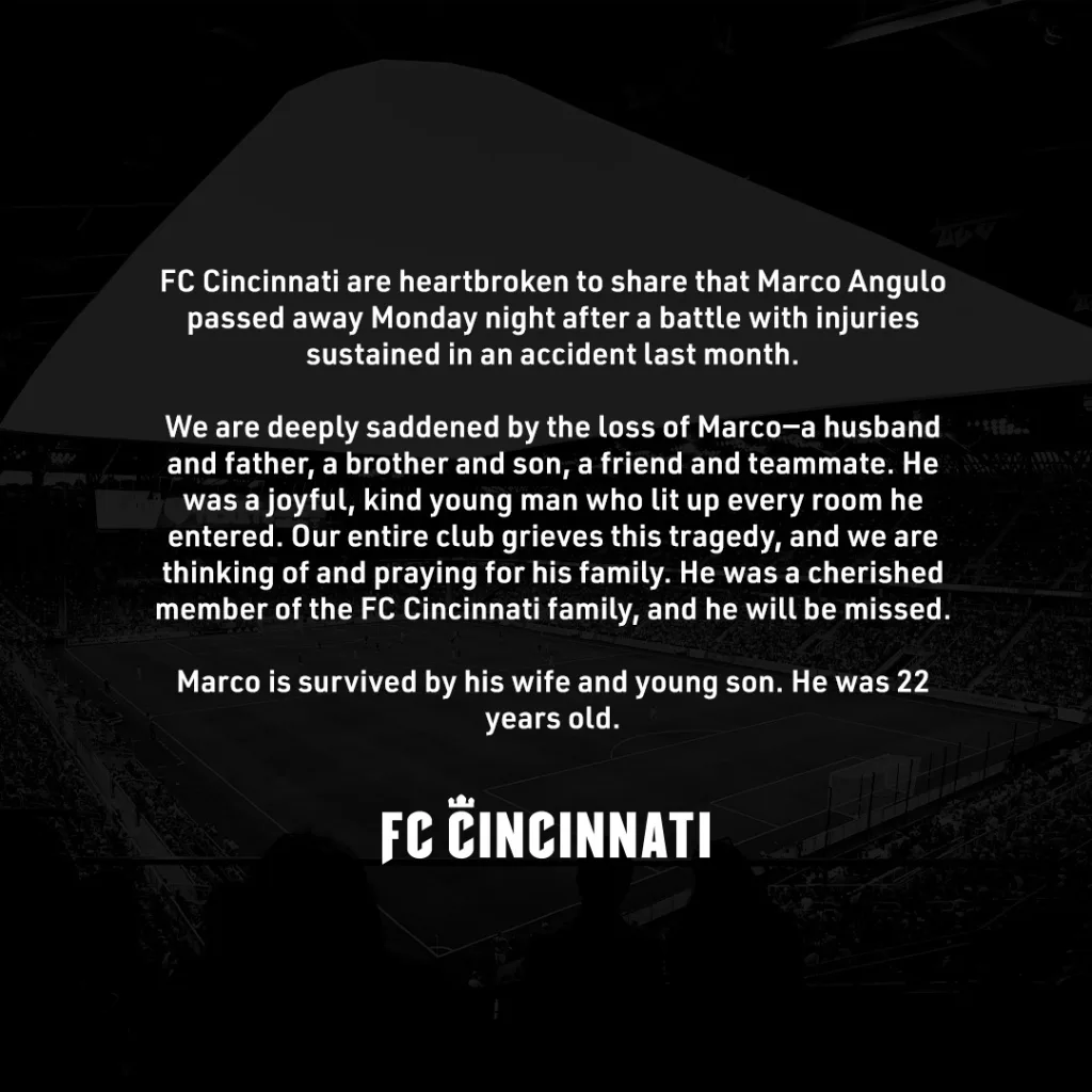 FC Cincinnati Official Statement Footballer Marco Angulo Dies at 22 Following Car Crash Injuries: Tragic Loss for Ecuador and MLS