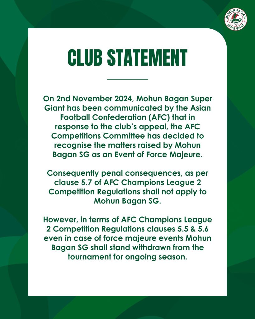 Mohun Bagans Official Statement Mohun Bagan Exempted from AFC Fines After Disqualification Recognized as ‘Event of Force Majeure’