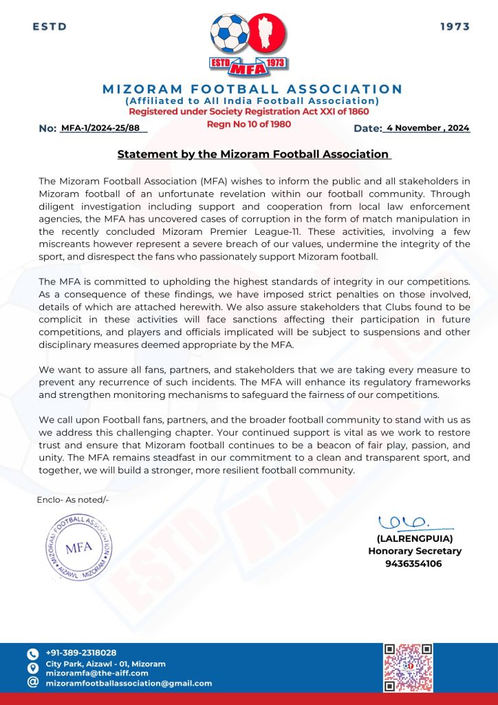 Statement by Mizoram Football Association Mizoram Football Association (MFA) Takes Strong Action Against Match-Fixing Scandal in MPL 11