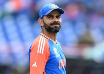 GROS ISLET, SAINT LUCIA - JUNE 24: Virat Kohli of India during the ICC Men's T20 Cricket World Cup West Indies & USA 2024 Super Eight match between Australia and India at Daren Sammy National Cricket Stadium on June 24, 2024 in Gros Islet, Saint Lucia. (Photo by Gareth Copley/Getty Images)