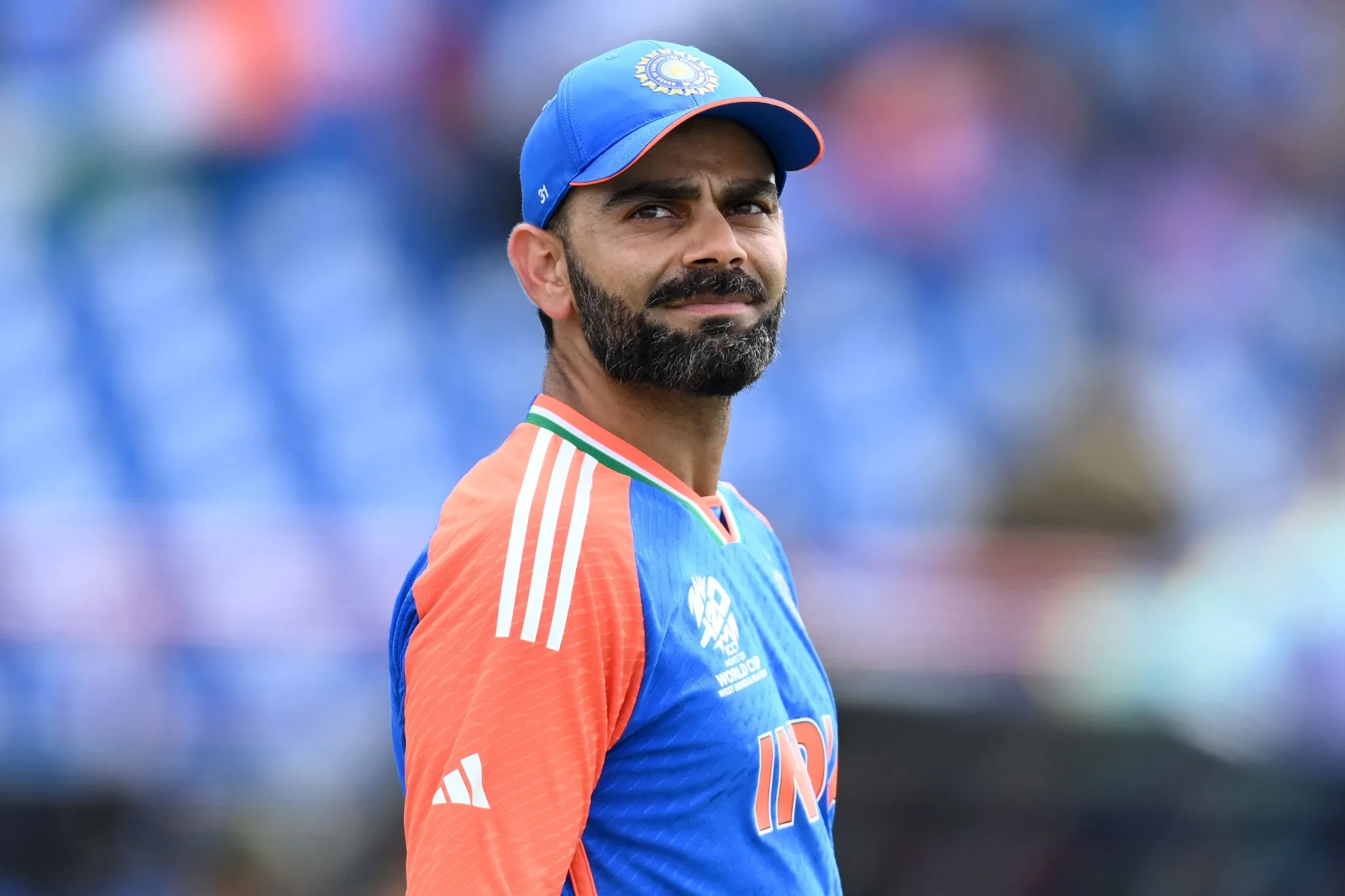 GROS ISLET, SAINT LUCIA - JUNE 24: Virat Kohli of India during the ICC Men's T20 Cricket World Cup West Indies & USA 2024 Super Eight match between Australia and India at Daren Sammy National Cricket Stadium on June 24, 2024 in Gros Islet, Saint Lucia. (Photo by Gareth Copley/Getty Images)