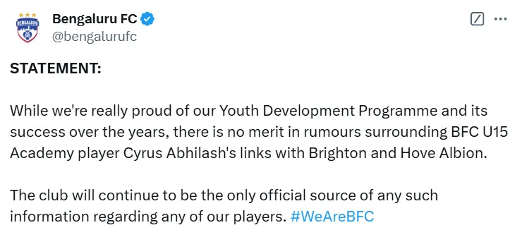 Bengaluru FCs Official Clarification png Bengaluru FC Puts to Rest Rumors of Cyrus Abhilash's Move to Brighton