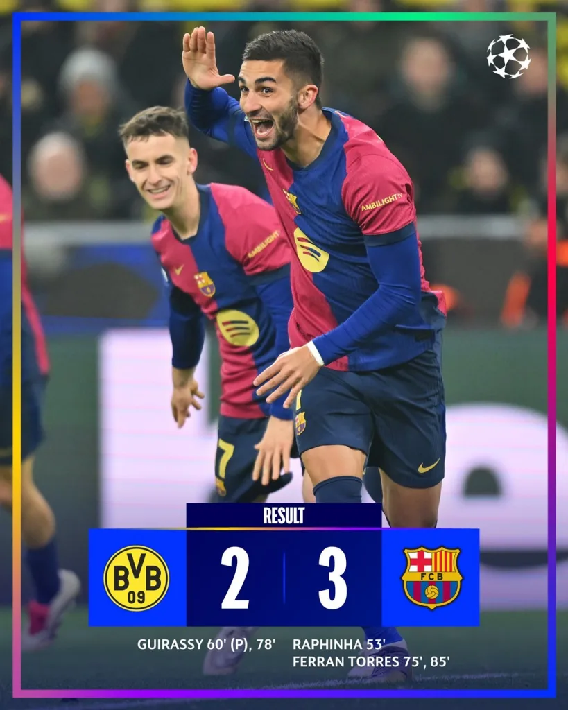 Dortmund vs Barcelona Champions League 2024/25 Matchday 6 Round-Up: Barcelona Edge Past Dortmund to Claim Second Place, Arsenal Climbs to Third