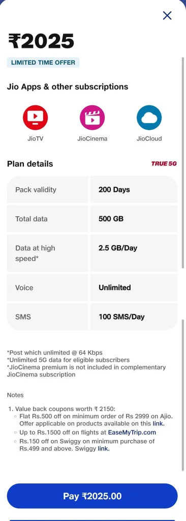 Reliance Jio ₹2025 New Year Recharge Plan: All Details Here