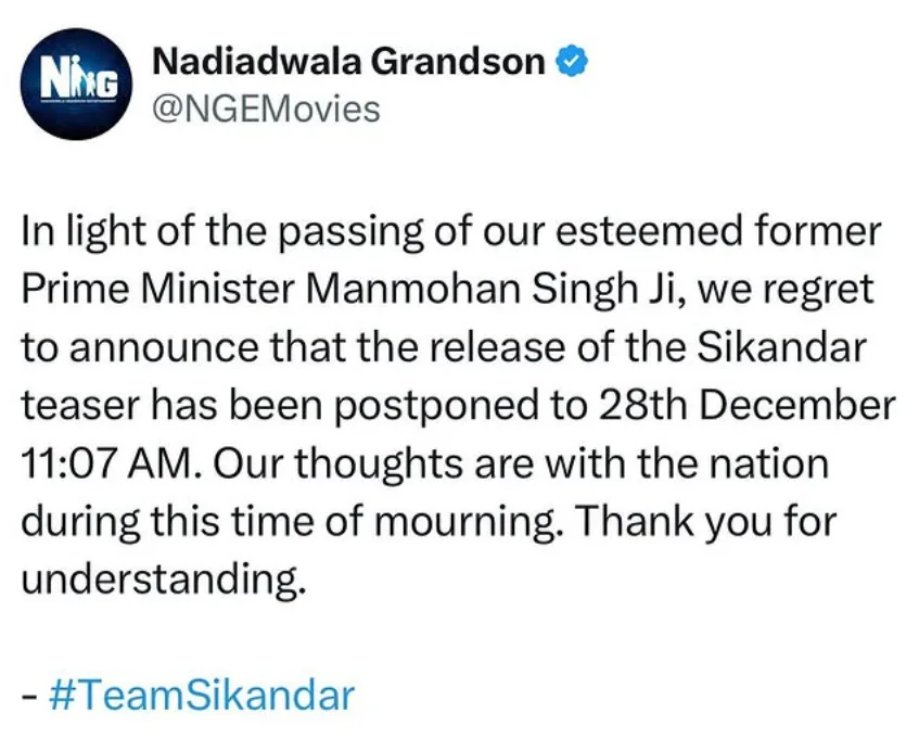 Salman Khans ‘Sikandar Teaser Release Postponed png Salman Khan’s ‘Sikandar’ Teaser Release Postponed Following Dr. Manmohan Singh’s Passing