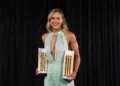MELBOURNE, AUSTRALIA - JANUARY 31: Ellyse Perry poses with the Women’s T20 International Player of the Year and Women’s One Day International Player of the Year award during the 2024 Cricket Australia Awards at Crown Palladium on January 31, 2024 in Melbourne, Australia. (Photo by Morgan Hancock/Getty Images for Cricket Australia)