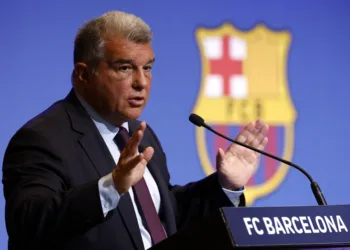 Soccer Football - FC Barcelona Press Conference - Camp Nou, Barcelona, Spain - April 17, 2023 FC Barcelona president Joan Laporta during the press conference REUTERS/Albert Gea