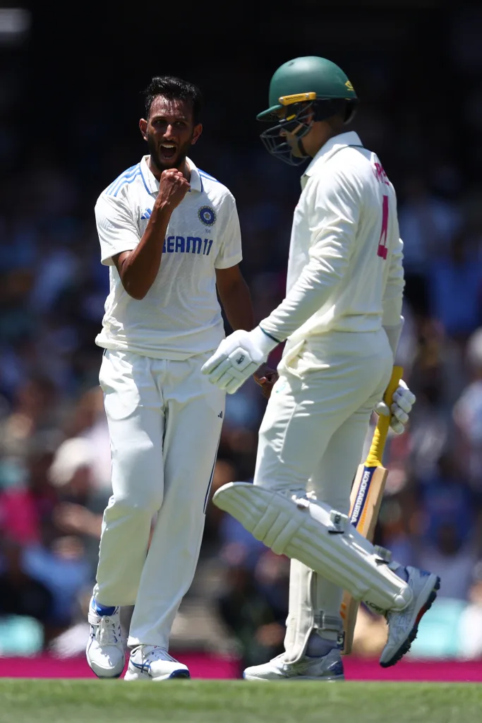 Prasidh Krishna celebrates after dismissing Alex Carrey Australia vs India 5th Test: Day 2 Match Report As Boland's Four-wicket Haul and Pant's Explosive Innings Keep SCG Test Finely Poised