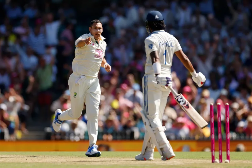 Scott Boland had KL Rahul bowled Getty Images Australia vs India 5th Test: Day 2 Match Report As Boland's Four-wicket Haul and Pant's Explosive Innings Keep SCG Test Finely Poised