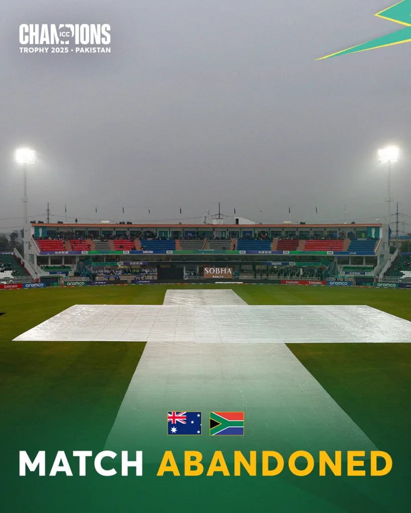 Australia vs South Africa 1 Champions Trophy 2025: Australia vs South Africa Abandoned After Persistent Rawalpindi Rain