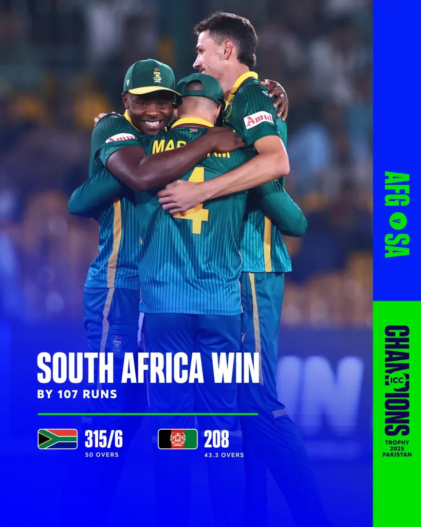 Champions Trophy 2025 1 Champions Trophy 2025: Rickelton's Maiden ODI Century And Middle-order Heroics Power South Africa To A Commanding Victory Over Afghanistan