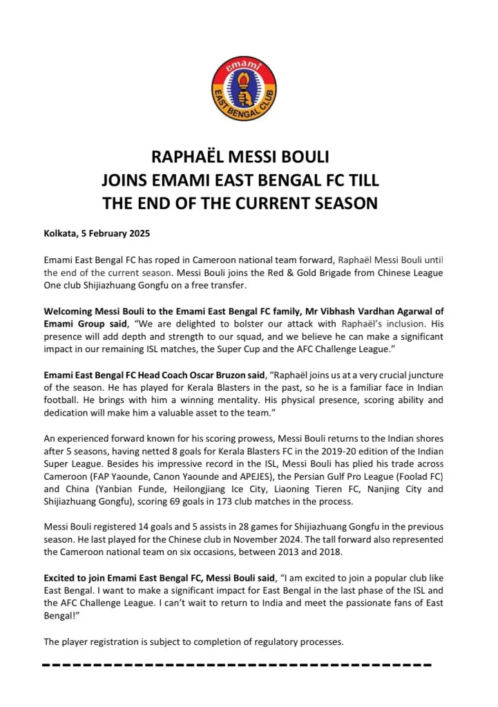 East Bengals Official Statement 1 East Bengal Strengthens Attack with Raphael Messi Bouli’s Signing