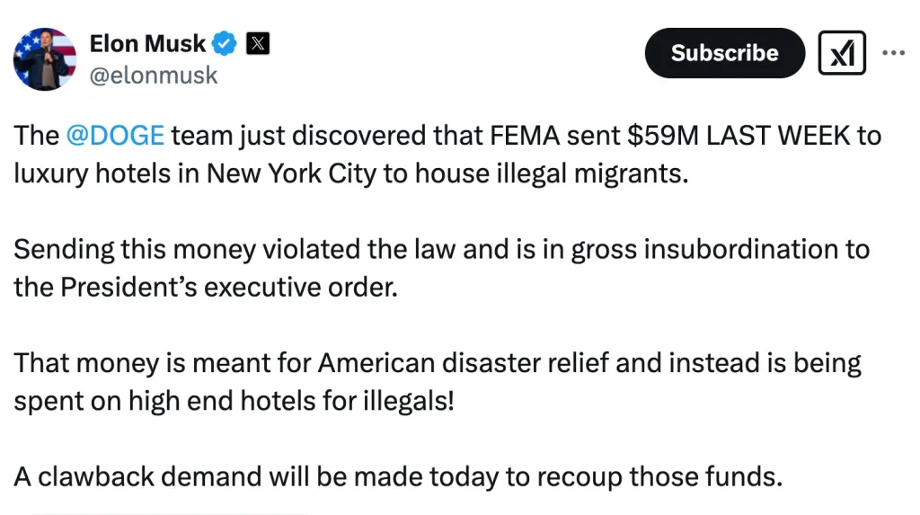 elokj 3 Elon Musk Accuses FEMA of $59M Misuse: The NYC Migrant Housing Controversy