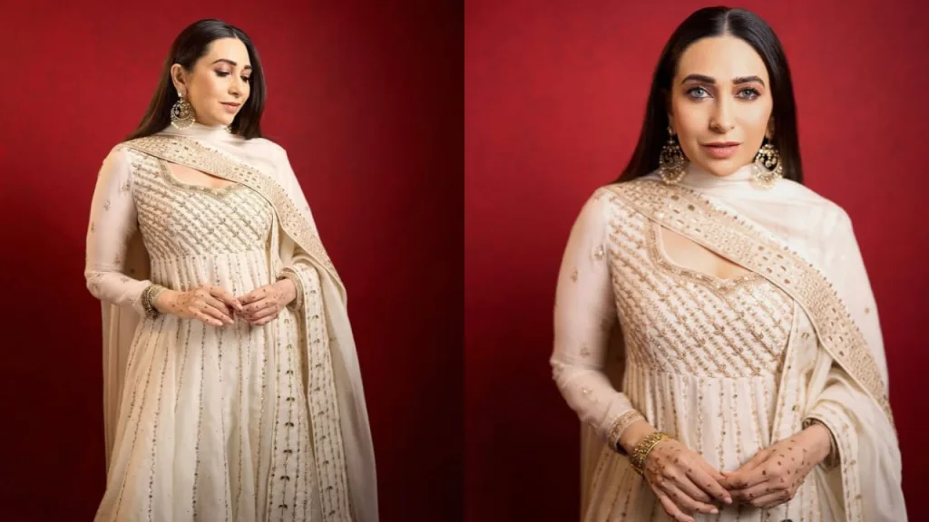 kars 2 Karisma Kapoor Steals Hearts in Royal Ivory Anarkali at Aadar Jain's Haldi Ceremony