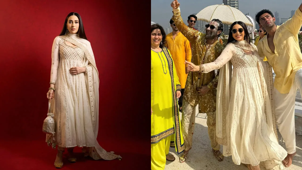 Karisma Kapoor Steals Hearts in Royal Ivory Anarkali at Aadar Jain’s Haldi Ceremony
