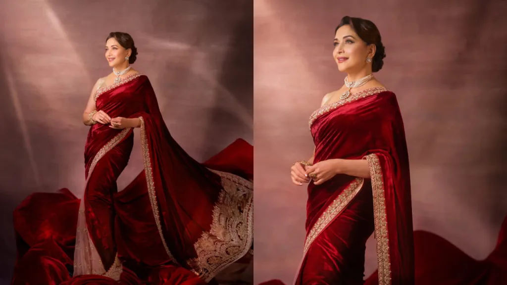 madhuu 1 Madhuri Dixit: The Eternal Queen of Elegance in a ₹1.8 Lakh Maroon Masterpiece!