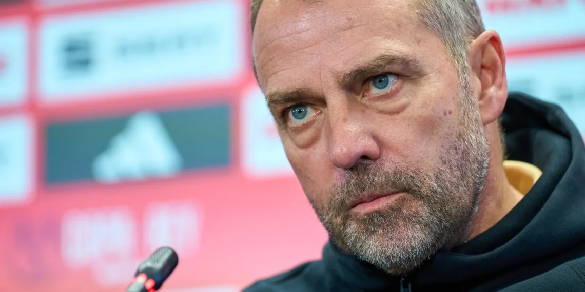 FC Barcelona head coach Hansi Flick discusses preparations for the upcoming Copa del Rey match against Valencia during the press conference after the team's training session at the Tito Vilanova Camp. (Photo by Leonardo Gerzon/NurPhoto via Getty Images)