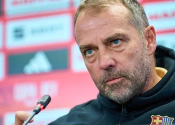 FC Barcelona head coach Hansi Flick discusses preparations for the upcoming Copa del Rey match against Valencia during the press conference after the team's training session at the Tito Vilanova Camp. (Photo by Leonardo Gerzon/NurPhoto via Getty Images)