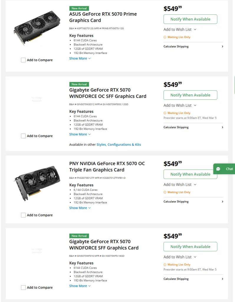 RTX 5070 listings B and H GeForce RTX 5070 Listings Surface Online: Base & OC Editions Priced at $549