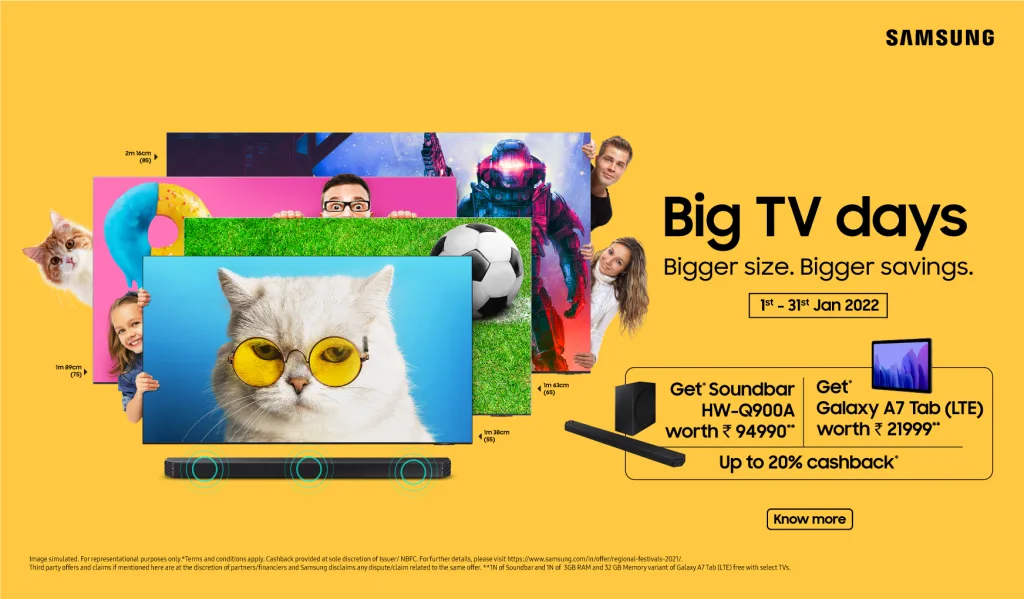 Samsung TV 2 1 Samsung Festive Offers: Up to 20% Cashback, Free TVs & More