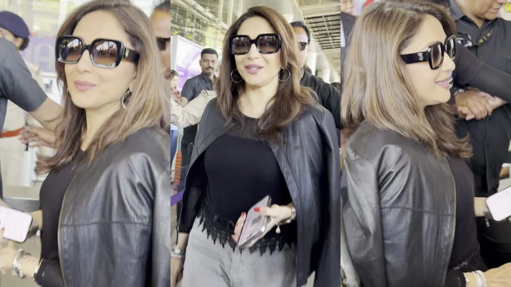 madhs 2 Madhuri Dixit Airport Swagger: ₹1.77 Lakh Louis Vuitton Bag Meets Leather Jacket Chic