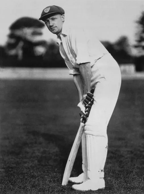 Sir Don Bradman in his batting stance