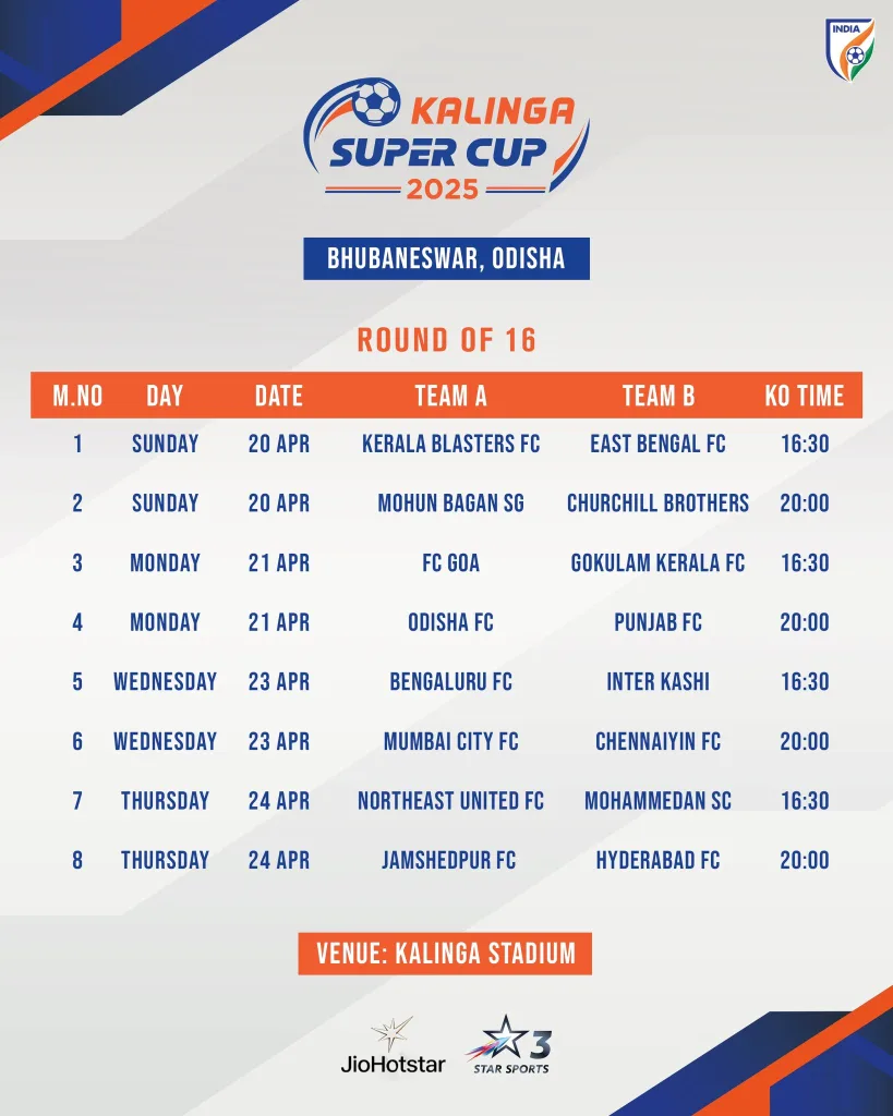 Kalinga Super Cup 2025: Complete Fixtures, Schedule, Match Timings & Broadcast Info Revealed 3 Kalinga Super Cup 1 Kalinga Super Cup 2025: Complete Fixtures, Schedule, Match Timings & Broadcast Info Revealed