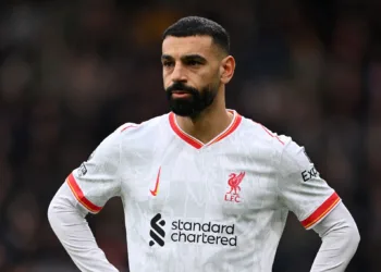 BOURNEMOUTH, ENGLAND - FEBRUARY 01: Mohamed Salah of Liverpool looks on during the Premier League match between AFC Bournemouth and Liverpool FC at Vitality Stadium on February 01, 2025 in Bournemouth, England. (Photo by Mike Hewitt/Getty Images)