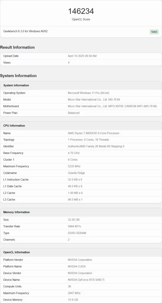 NVIDIA GeForce RTX 5060 Ti OpenCL Benchmark Leak NVIDIA RTX 5060 Ti: 14% Faster, Double the Performance Potential