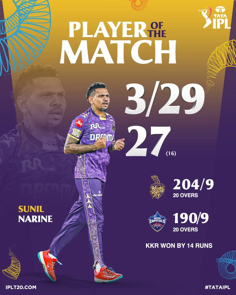 Sunil Narine 4 IPL 2025: Narine's All-Round Performance Leads KKR to 14-Run Victory Over DC