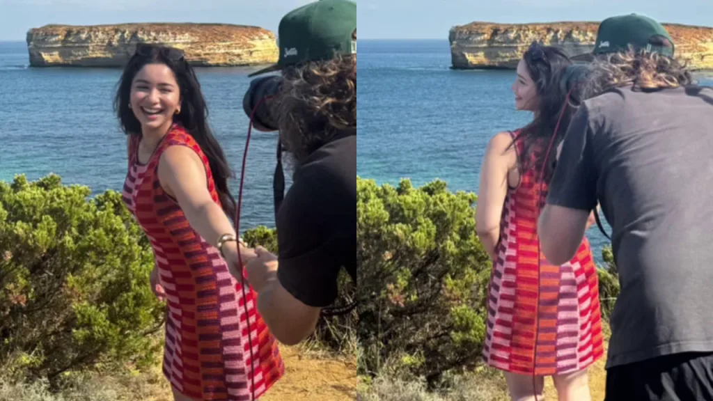 image 1208 Sara Tendulkar Aussie Style: Glass Skin Glow and Crochet Chic in Orange-Pink Mini Dress