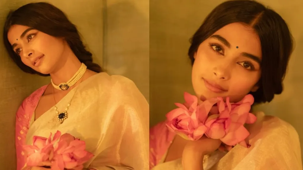 Pooja Hegde Retro Revival: Channeling Raja Ravi Varma in a Lotus-Pink Saree 1 Pooja Hegde