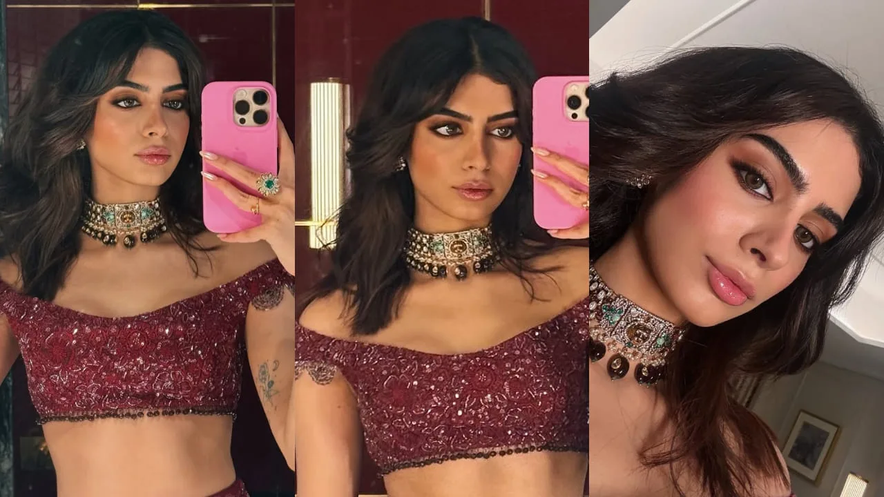 Khushi Kapoor Sangeet Sensation: Maroon Lehenga, Choker, and Contour Perfection Steal the Show