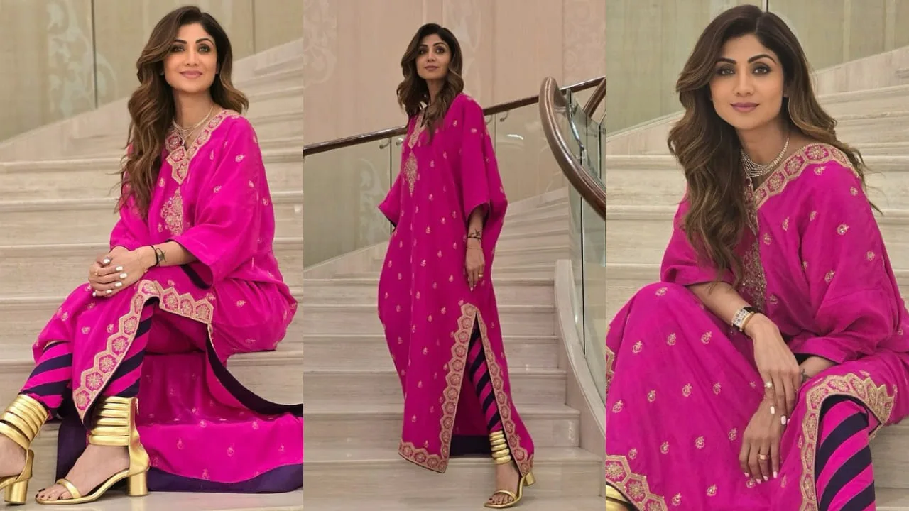Shilpa Shetty Stuns in a ₹57,500 Gulabi Kaftan Set – A Perfect Blend of Elegance and Drama