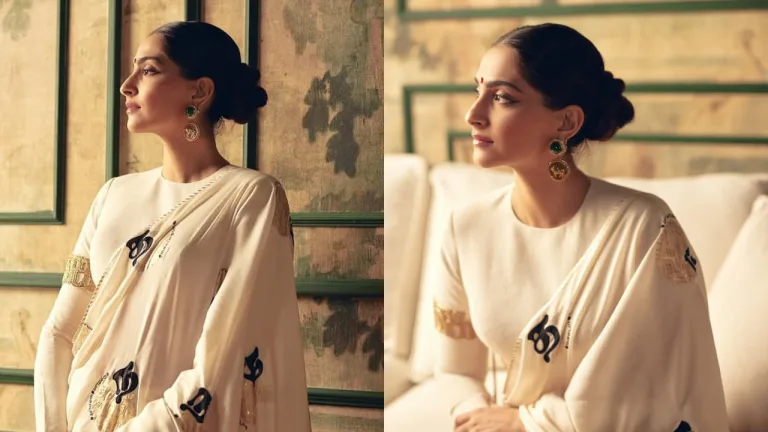 Sonam Kapoor Dazzles in Off-White Masaba Saree: Tamil Motifs Meet Modern Elegance