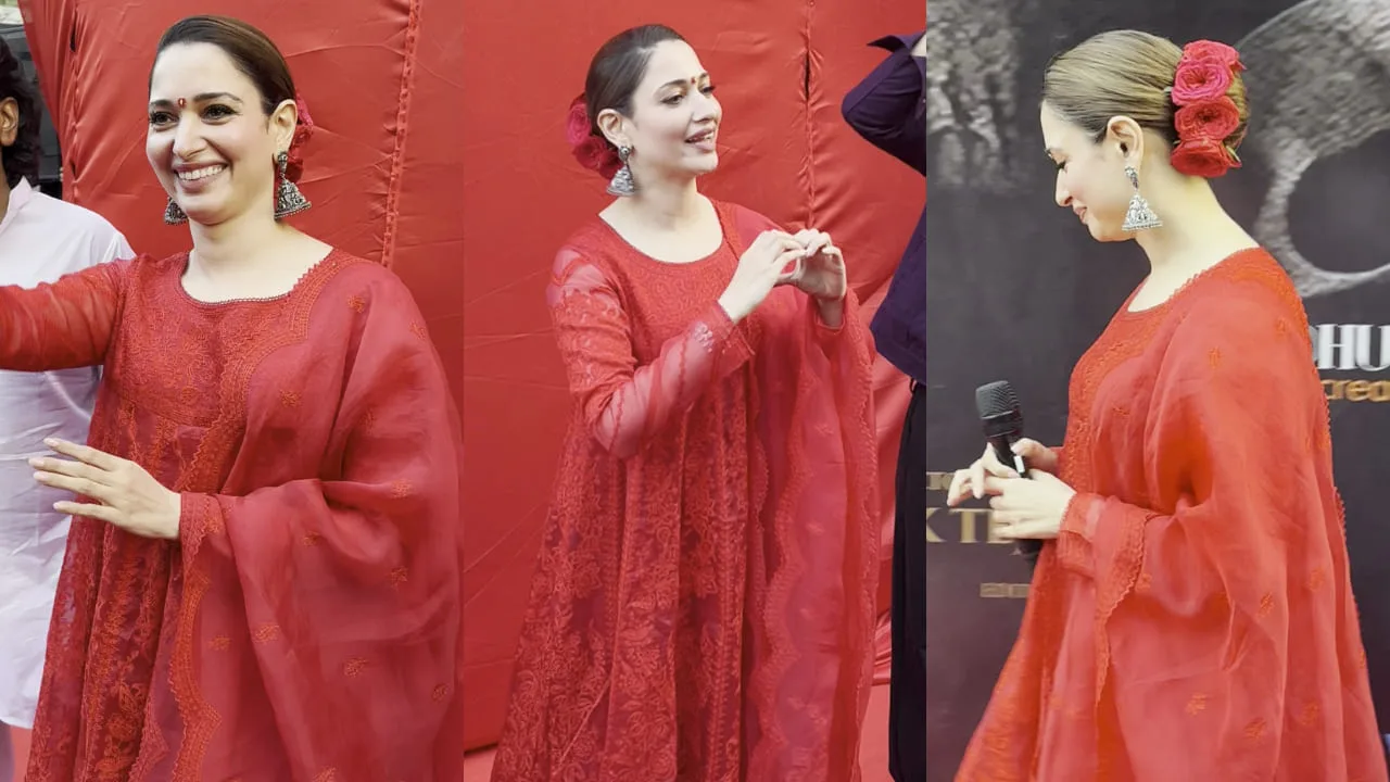 Tamannaah Bhatia Red Anarkali Look: Timeless Romance with Rose-Adorned Updo