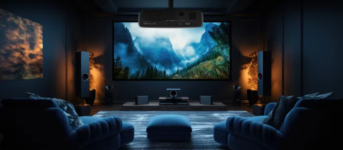 Home theater screen in apartment BenQ W5850 & W4100i: Redefining Home Cinema in India with Laser Precision & AI Smarts