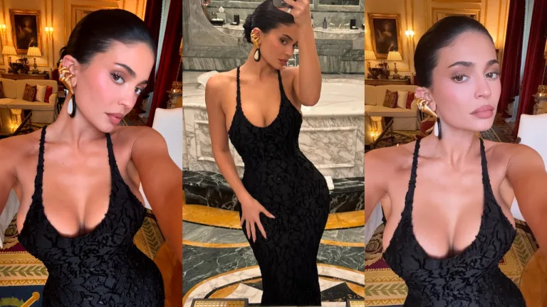 Kylie Jenner Golden Claw-Hand Earring and Plunging Neckline Maxi Dress