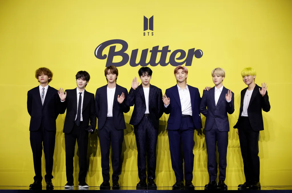 Members of k pop boy band bts pose for photographs during a photo opportunity promoting their new single 'butter' in seoul