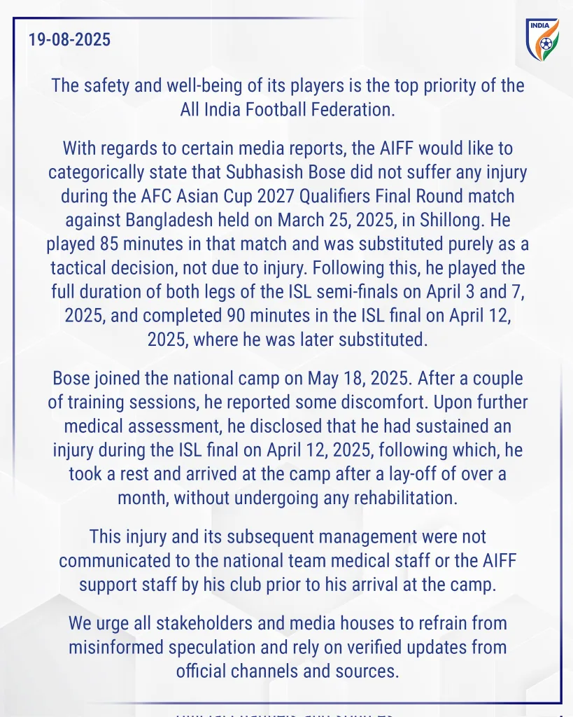 AIFF Reaffirms Player Safety Commitment Amid Subhasish Bose Injury Clarification 1 Aiff statement regarding subhasish bose