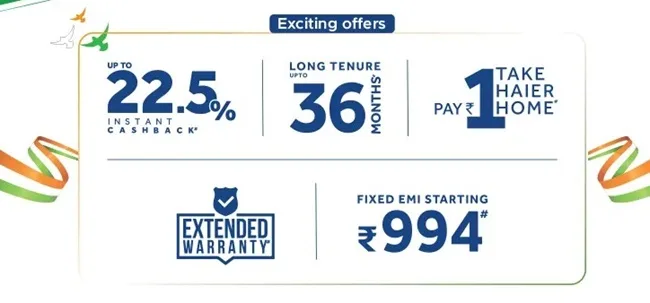 Haier Independence Day Sale 2025: Up to 25% Cashback + ₹994 EMI 2 Haier independence day sale 2