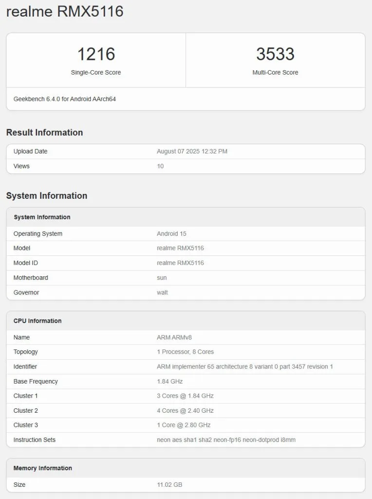 Realme p4 pro benchmark leak rmx5116 764x1024