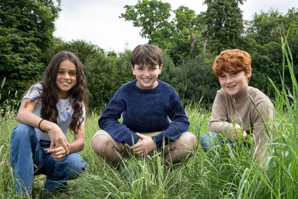 Dominic mclaughlin as harry potter, arabella stanton as hermione granger and alastair stout as ron weasley