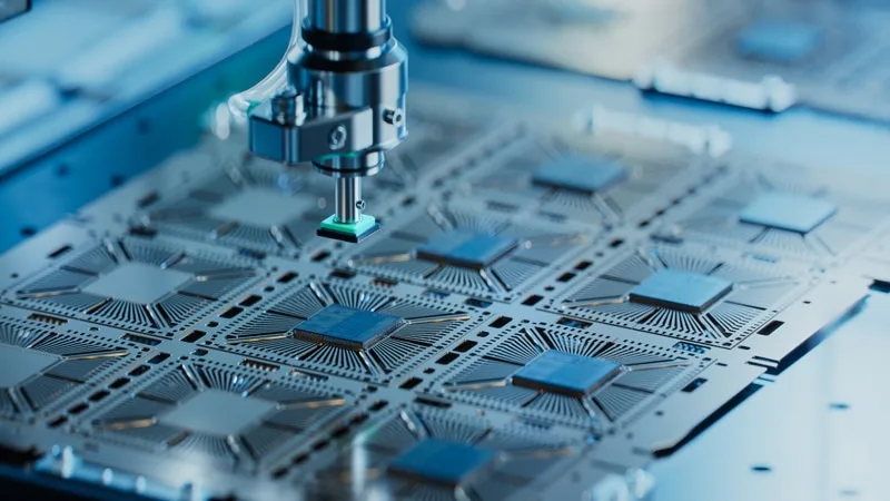 Close up of silicon die are being extracted from semiconductor wafer and attached to substrate by pick and place machine. computer chip manufacturing at fab. semiconductor packaging process.