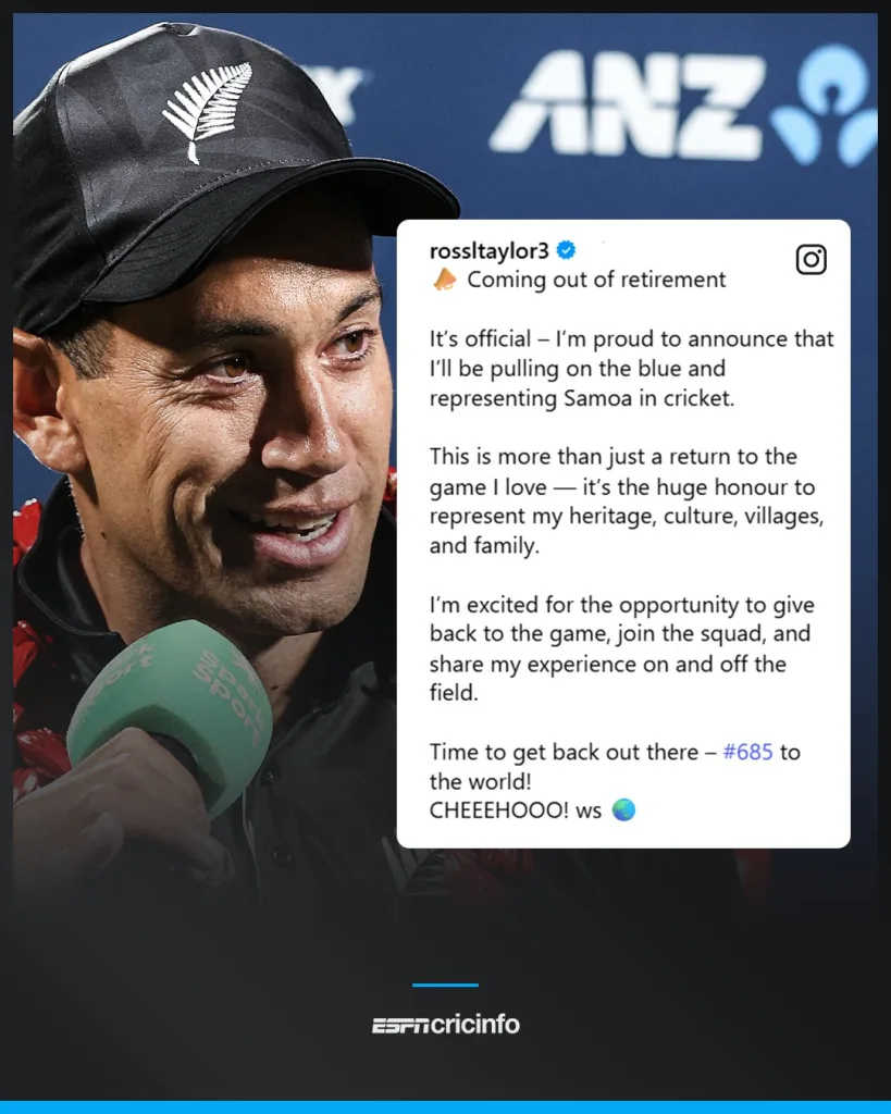 Ross Taylor Comes Out of Retirement to Represent Samoa in T20 World Cup Qualifier 1 Ross taylor to play for samoa statement