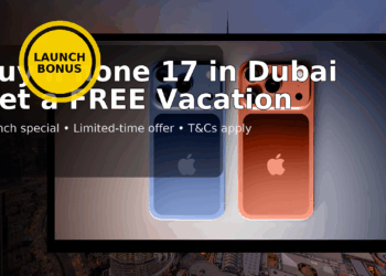 merge both these images into one based on this topic that buy iPhone 17 in Dubai and get a free vacation