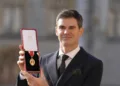 WINDSOR, ENGLAND - OCTOBER 28: Sir James Anderson, England Cricketer, poses after he was made a Knight Bachelor by Princess Anne, Princess Royal at an investiture ceremony at Windsor Castle on October 28, 2025 in Windsor, England. (Photo by Andrew Matthews - Pool/Getty Images)